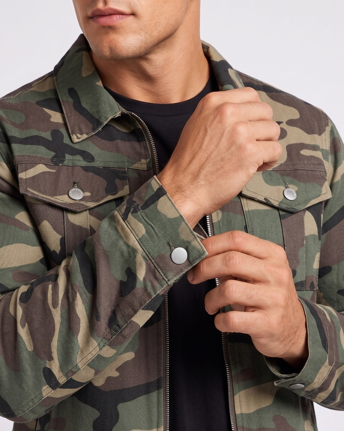 KZZ Men's camouflage military jacket, zip-up camouflage print coat, long sleeves with chest pocket