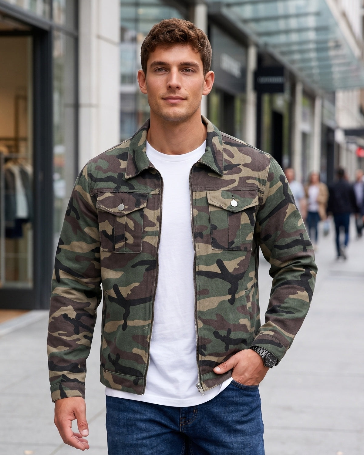 KZZ Men's camouflage military jacket, zip-up camouflage print coat, long sleeves with chest pocket