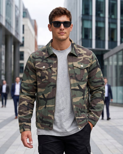 KZZ Men's camouflage military jacket, zip-up camouflage print coat, long sleeves with chest pocket