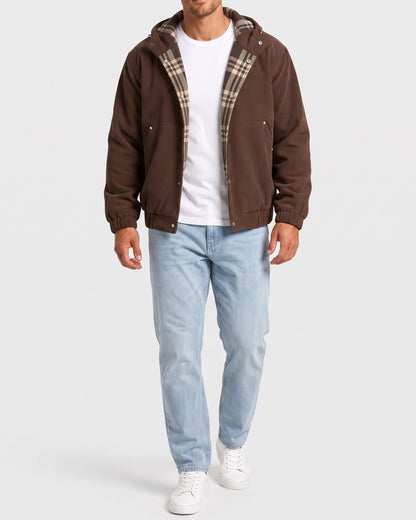 KZZ Men's Corduroy Hooded Retro Fashion Solid Color Jacket