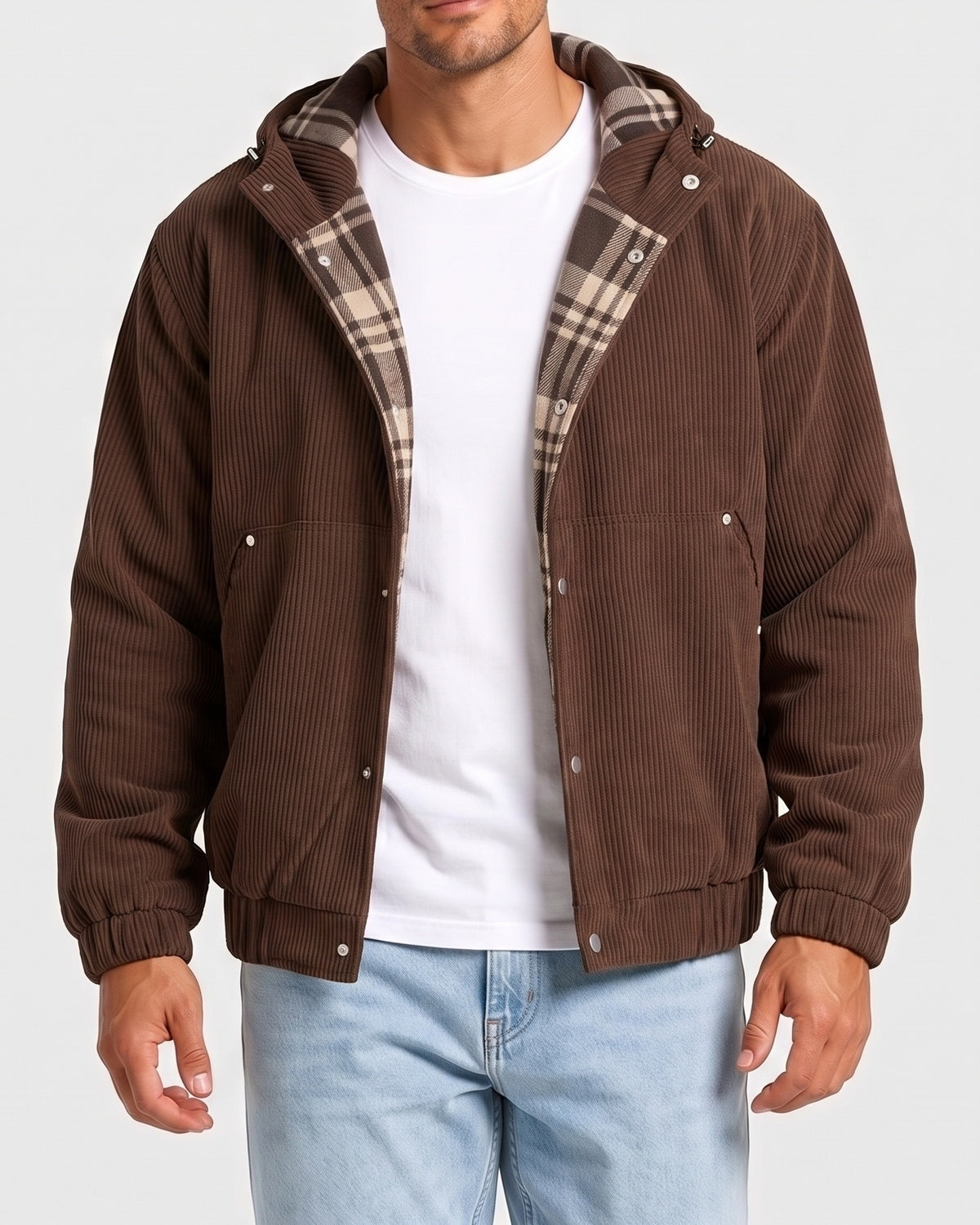 KZZ Men's Corduroy Hooded Retro Fashion Solid Color Jacket