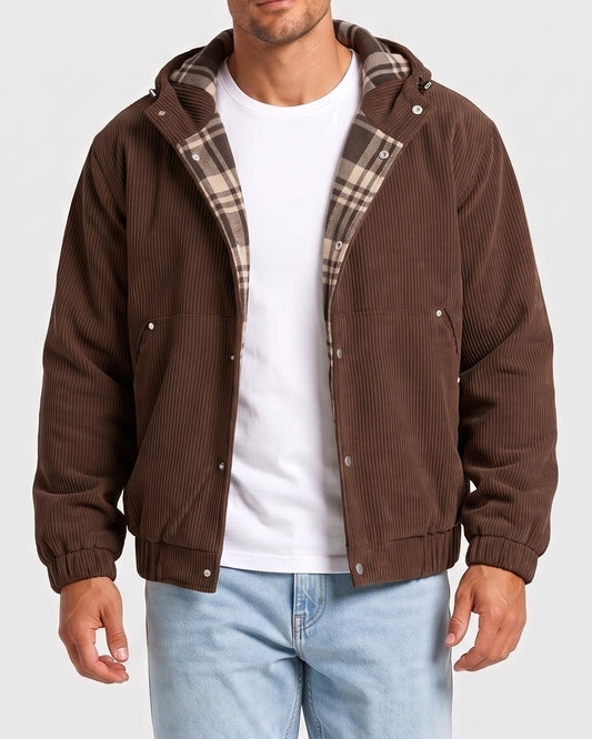 KZZ Men's Corduroy Hooded Retro Fashion Solid Color Jacket