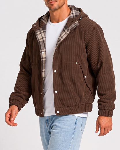 KZZ Men's Corduroy Hooded Retro Fashion Solid Color Jacket