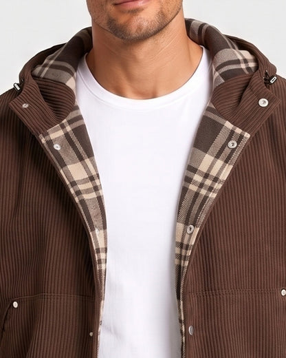 KZZ Men's Corduroy Hooded Retro Fashion Solid Color Jacket