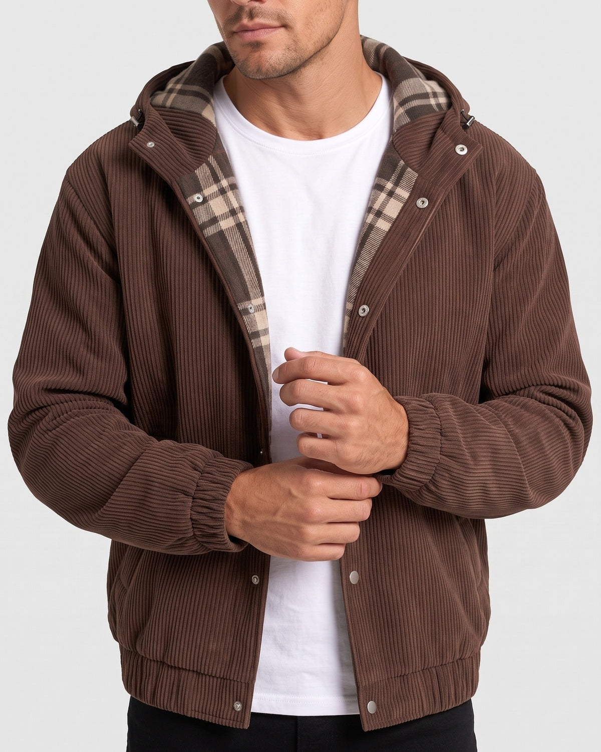 KZZ Men's Corduroy Hooded Retro Fashion Solid Color Jacket