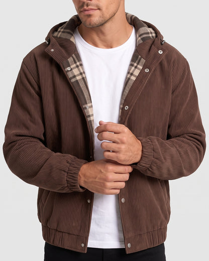 KZZ Men's Corduroy Hooded Retro Fashion Solid Color Jacket