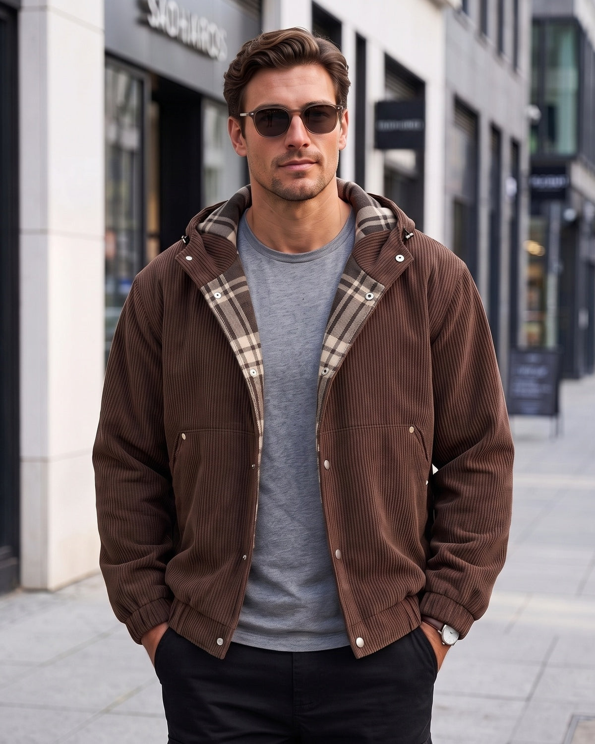 KZZ Men's Corduroy Hooded Retro Fashion Solid Color Jacket