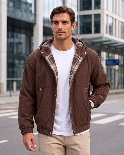KZZ Men's Corduroy Hooded Retro Fashion Solid Color Jacket