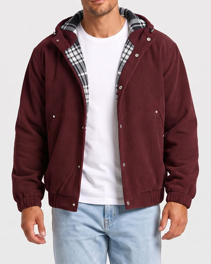 KZZ Men's Corduroy Hooded Retro Fashion Solid Color Jacket