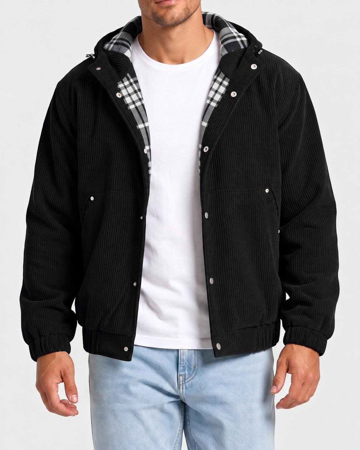 KZZ Men's Corduroy Hooded Retro Fashion Solid Color Jacket