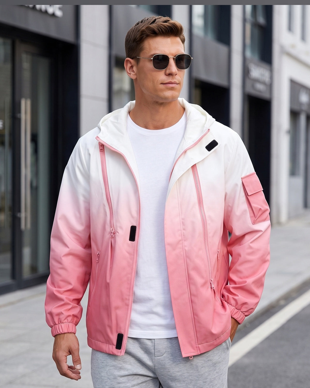 KZZ Men's Gradient Long-Sleeve Hooded Work Jacket