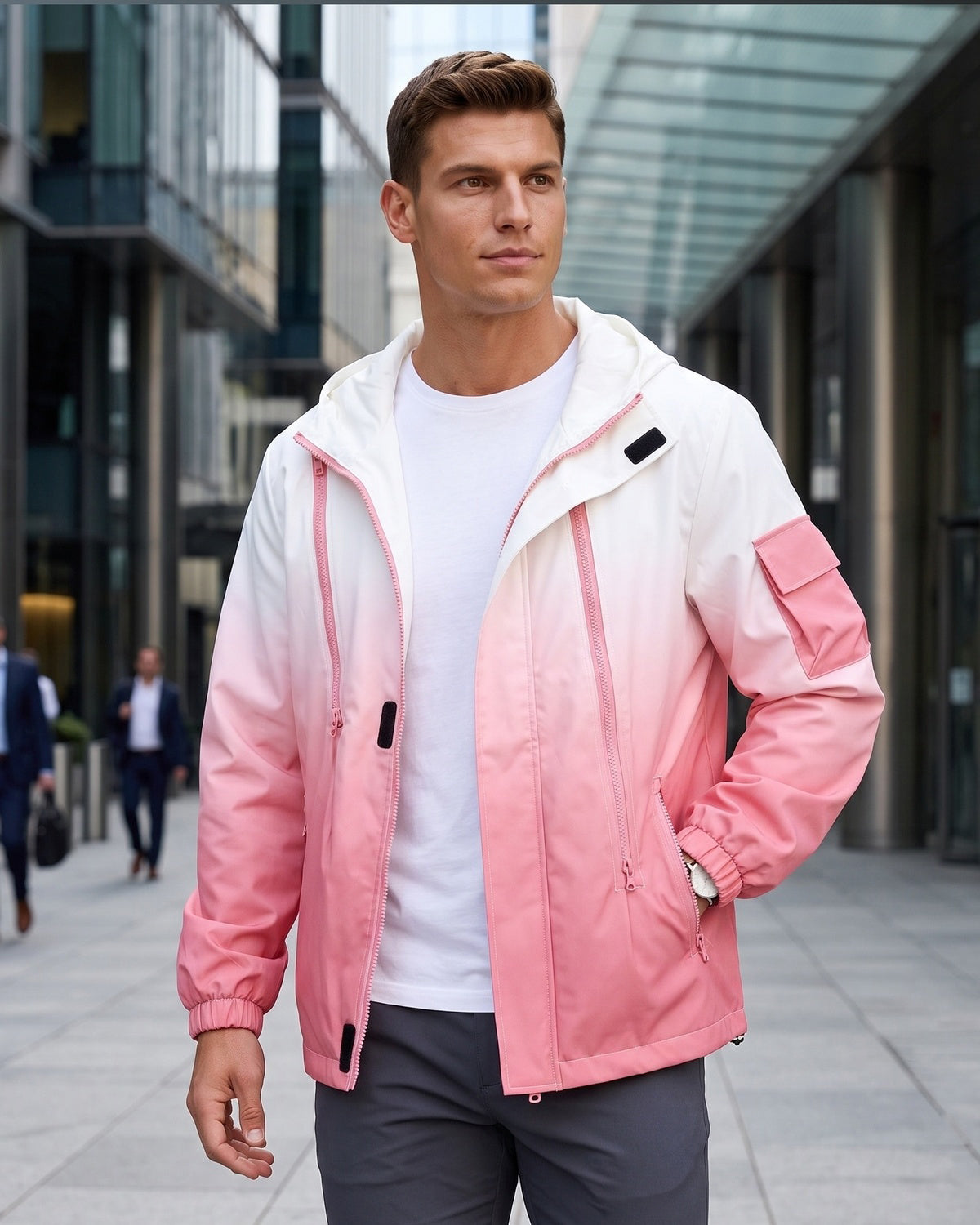 KZZ Men's Gradient Long-Sleeve Hooded Work Jacket