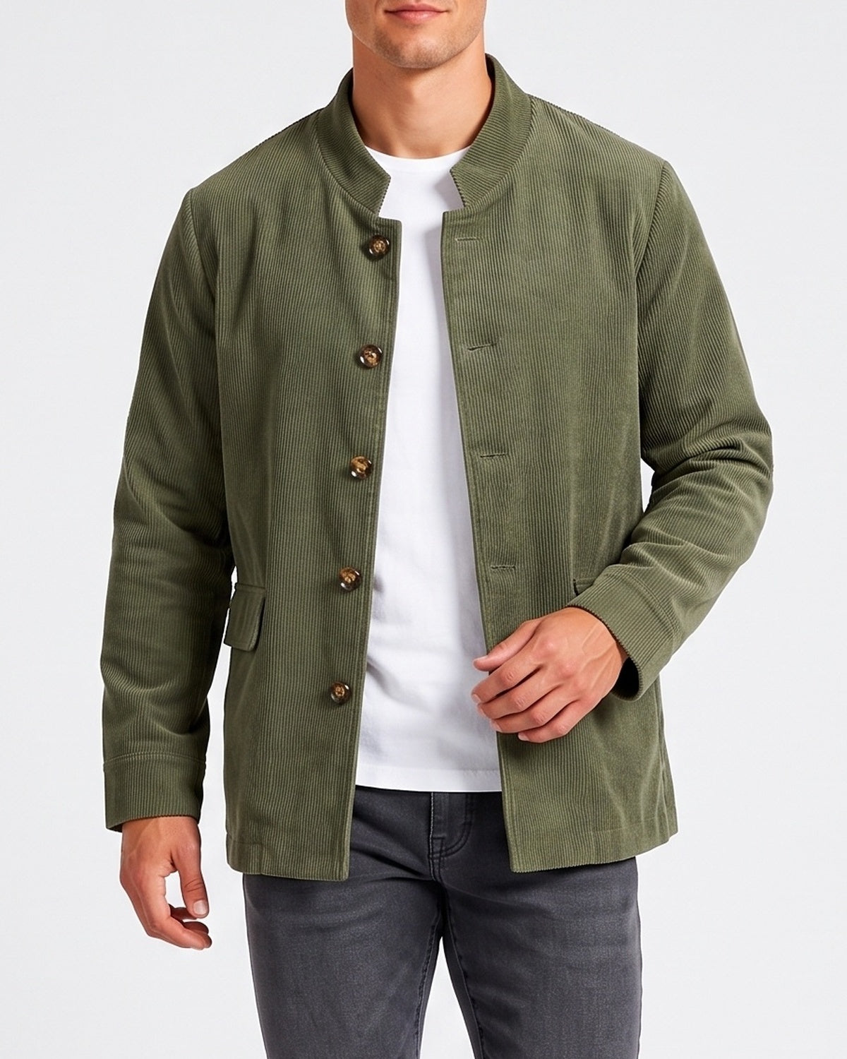 KZZ Men's solid color stand-up collar button pocket cardigan