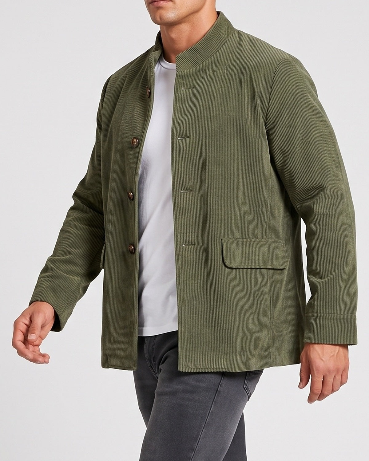 KZZ Men's solid color stand-up collar button pocket cardigan