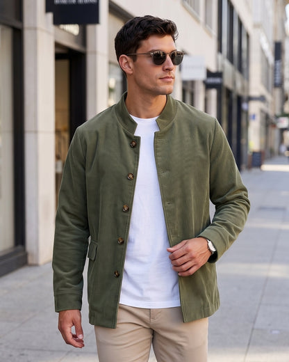 KZZ Men's solid color stand-up collar button pocket cardigan