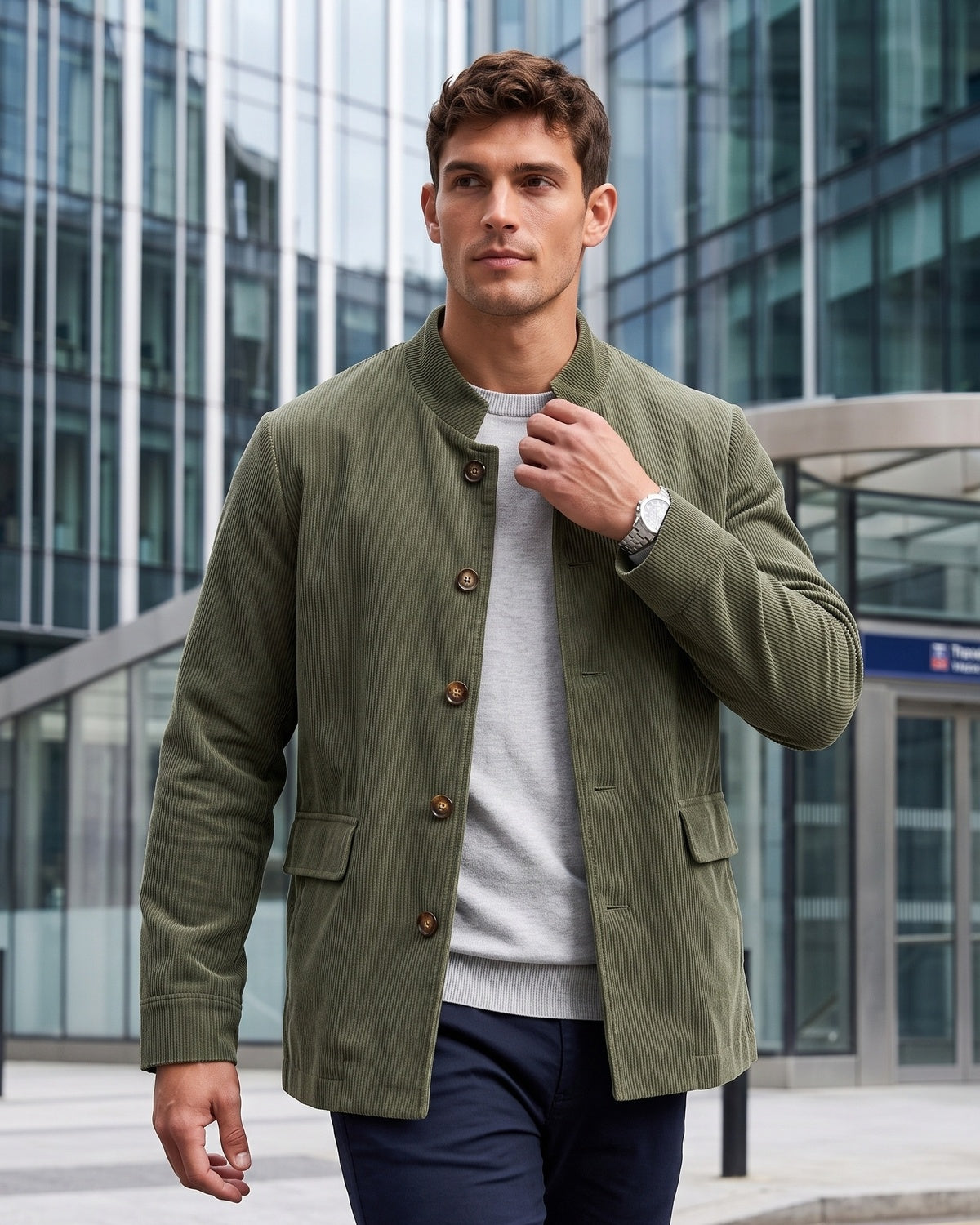 KZZ Men's solid color stand-up collar button pocket cardigan