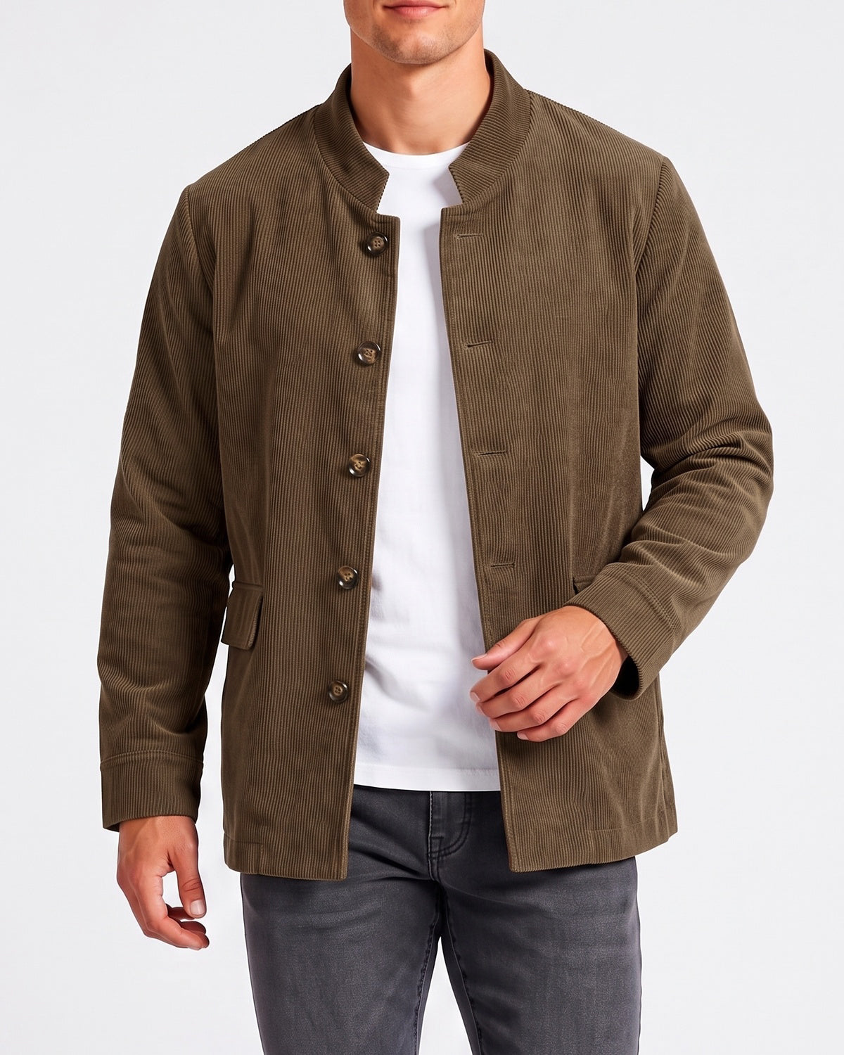 KZZ Men's solid color stand-up collar button pocket cardigan