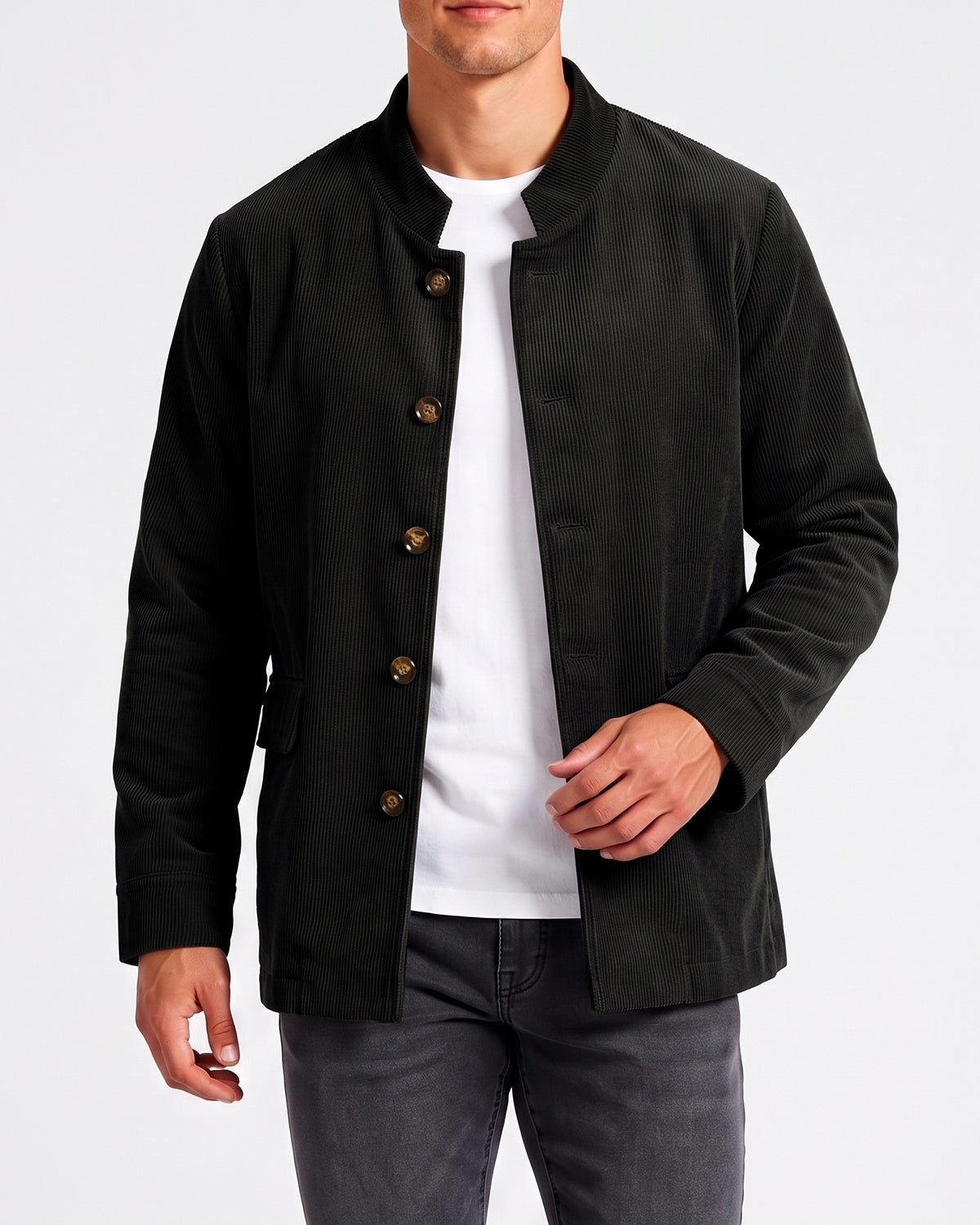 KZZ Men's solid color stand-up collar button pocket cardigan
