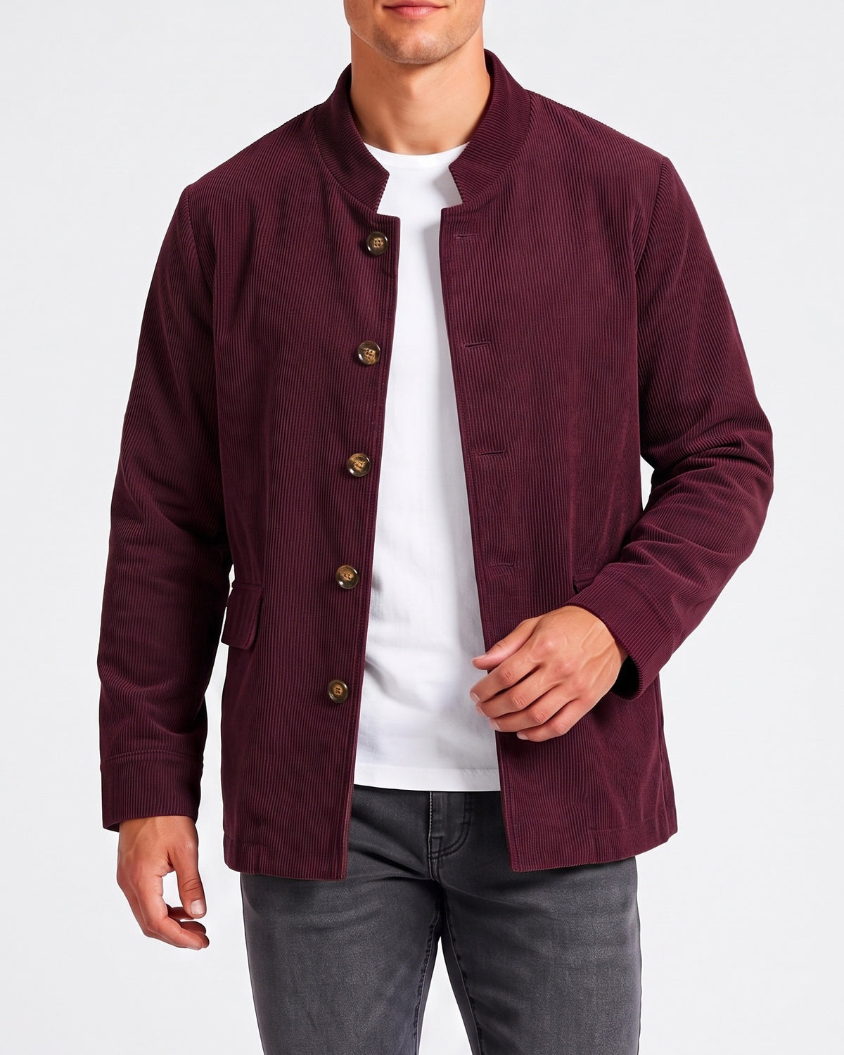 KZZ Men's solid color stand-up collar button pocket cardigan