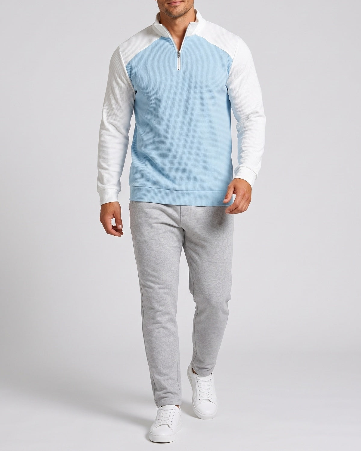 KZZ Men's waffle-print color-blocked stand-up collar long-sleeved T-shirt