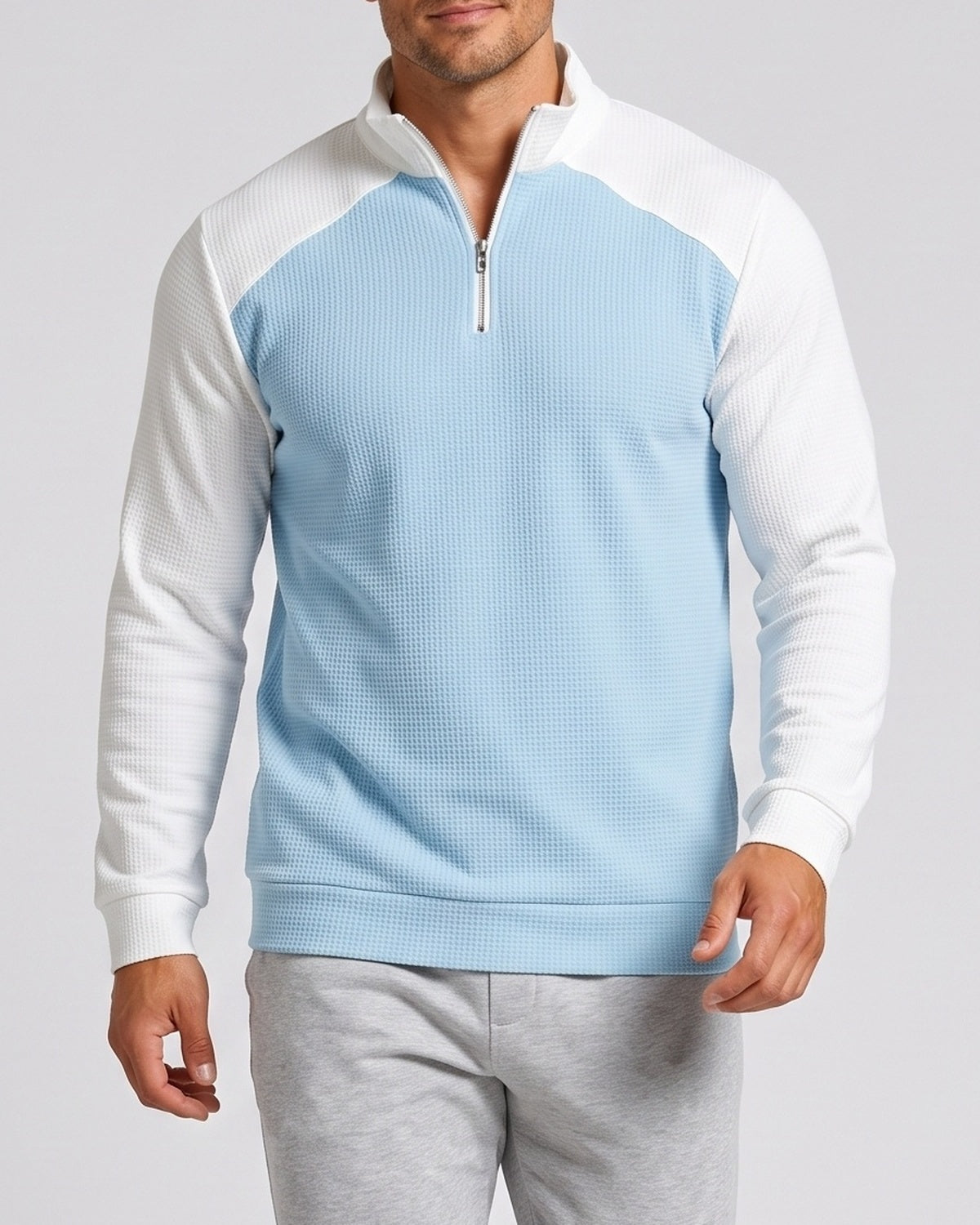 KZZ Men's waffle-print color-blocked stand-up collar long-sleeved T-shirt