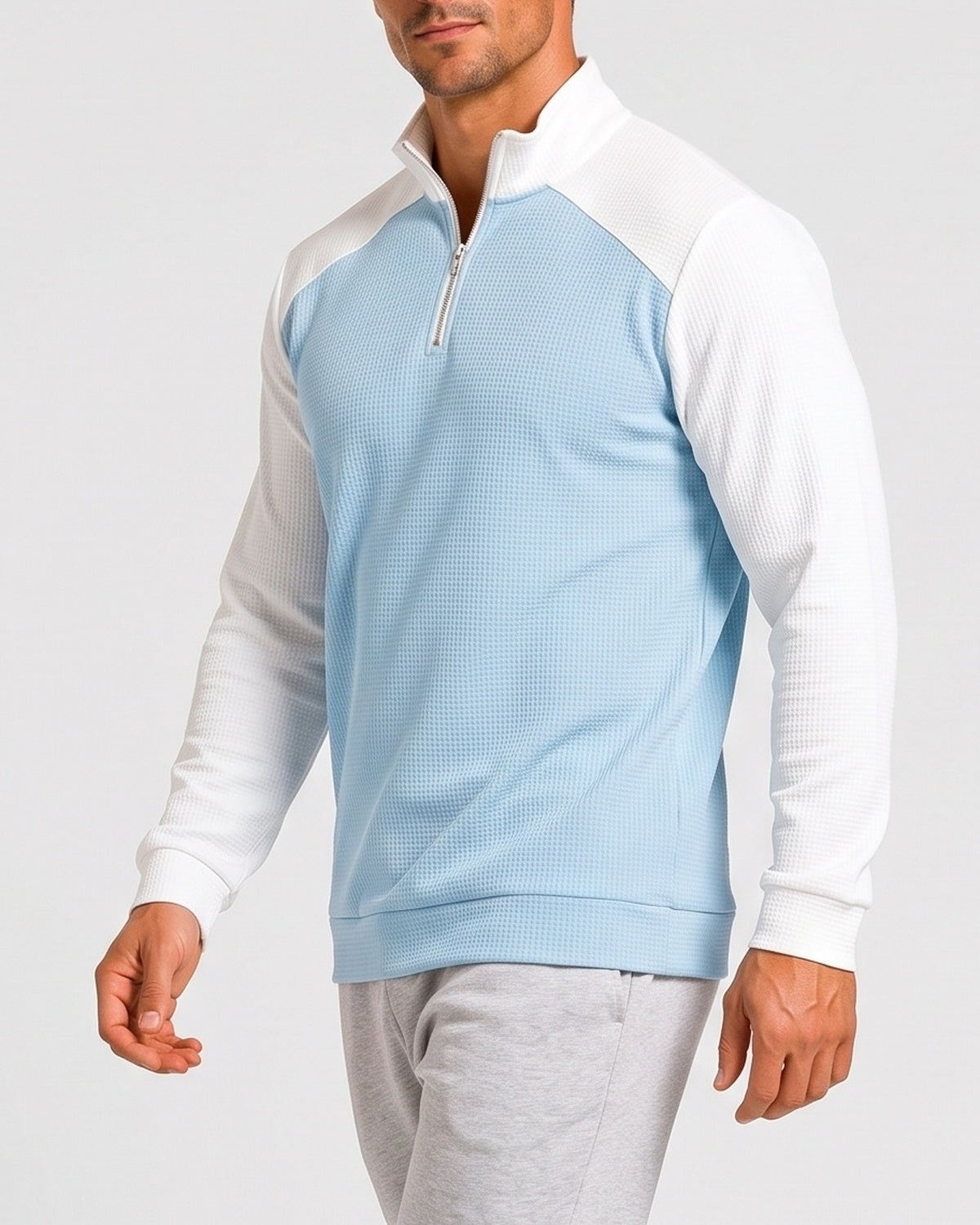 KZZ Men's waffle-print color-blocked stand-up collar long-sleeved T-shirt