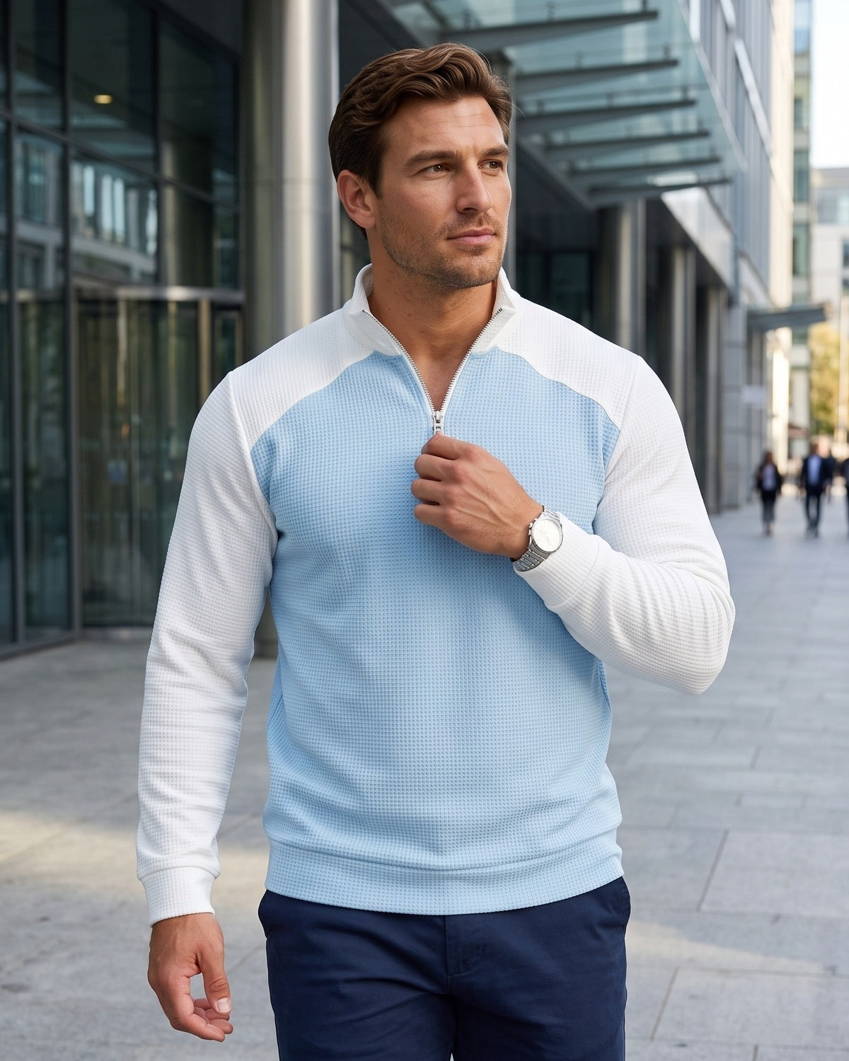 KZZ Men's waffle-print color-blocked stand-up collar long-sleeved T-shirt