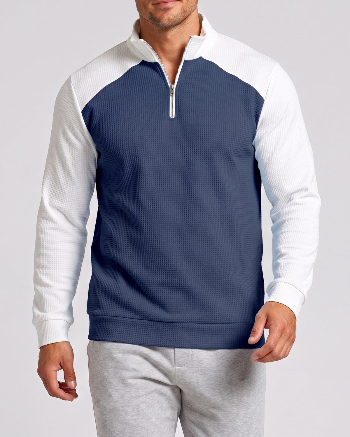 KZZ Men's waffle-print color-blocked stand-up collar long-sleeved T-shirt