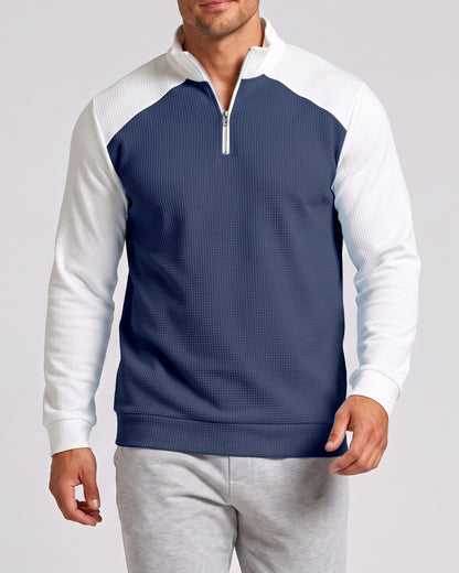 KZZ Men's waffle-print color-blocked stand-up collar long-sleeved T-shirt
