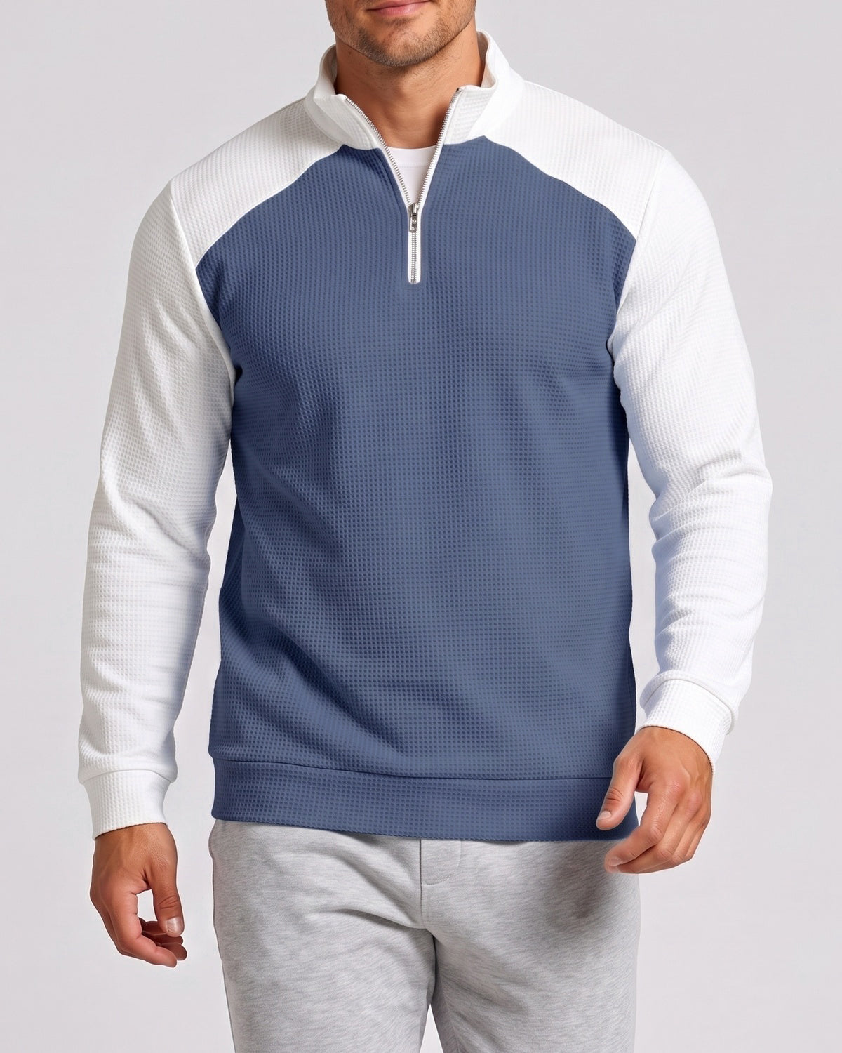 KZZ Men's waffle-print color-blocked stand-up collar long-sleeved T-shirt