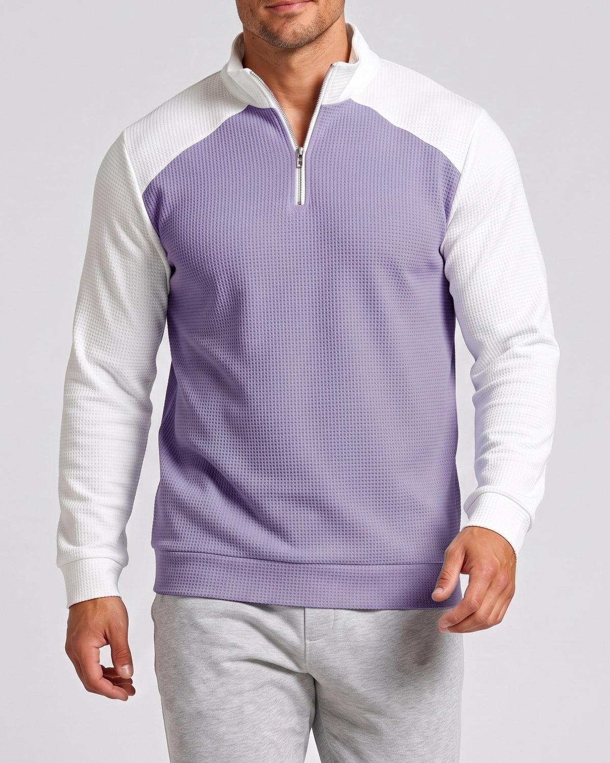 KZZ Men's waffle-print color-blocked stand-up collar long-sleeved T-shirt