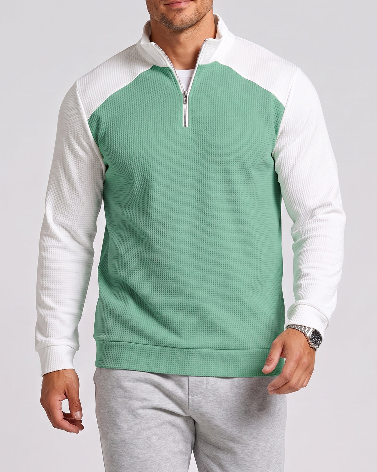 KZZ Men's waffle-print color-blocked stand-up collar long-sleeved T-shirt
