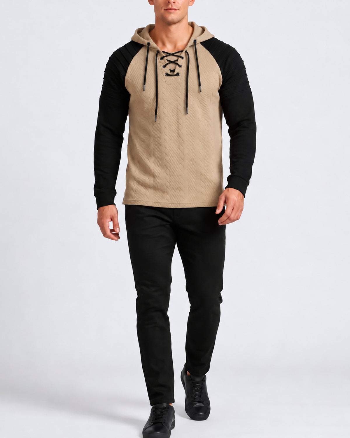KZZ Men's loose-fit cable pullover hoodie with drawstring