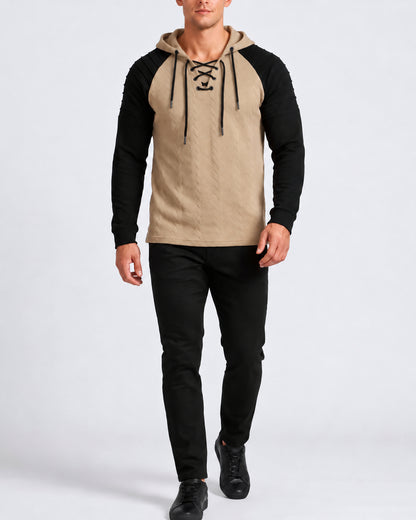 KZZ Men's loose-fit cable pullover hoodie with drawstring