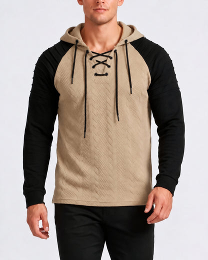 KZZ Men's loose-fit cable pullover hoodie with drawstring