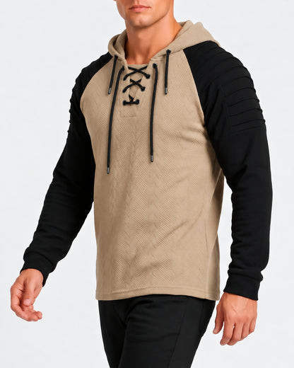 KZZ Men's loose-fit cable pullover hoodie with drawstring