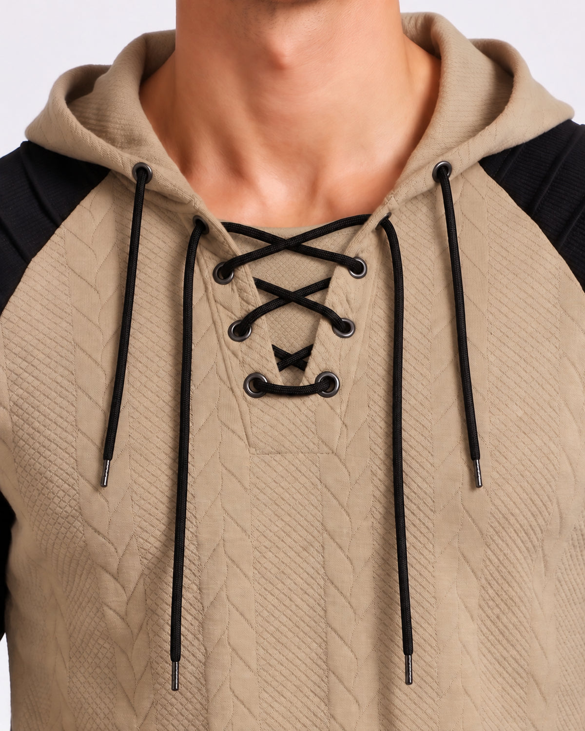 KZZ Men's loose-fit cable pullover hoodie with drawstring