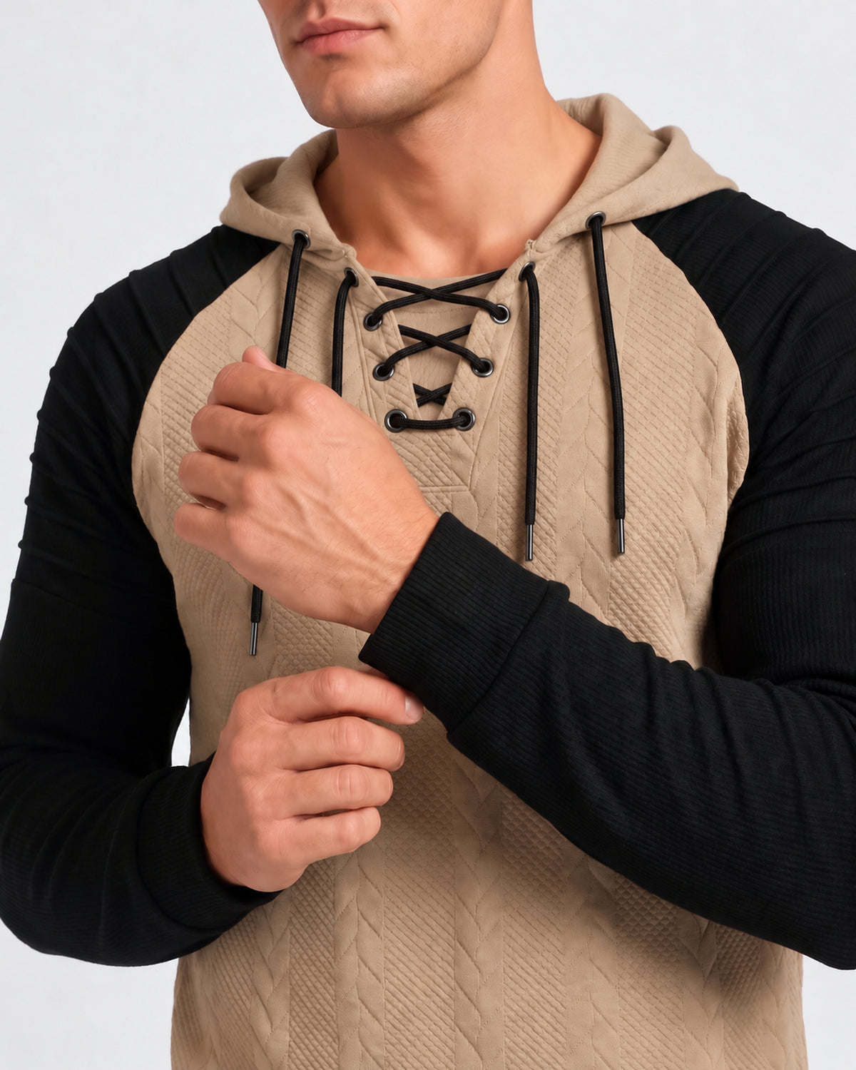 KZZ Men's loose-fit cable pullover hoodie with drawstring
