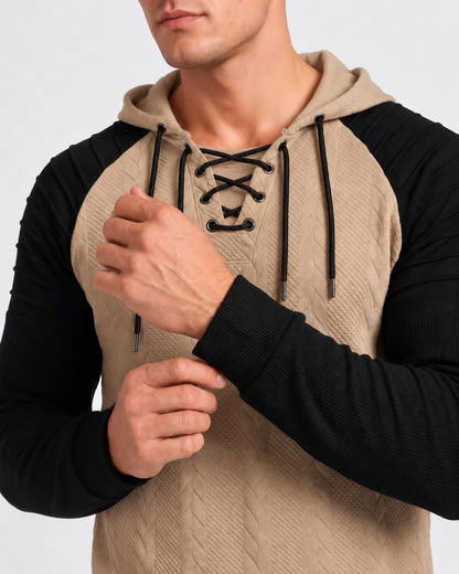 KZZ Men's loose-fit cable pullover hoodie with drawstring