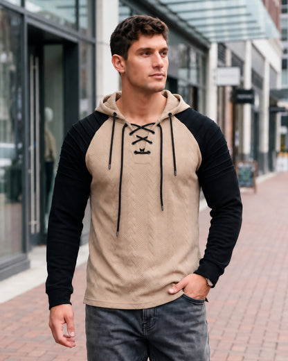 KZZ Men's loose-fit cable pullover hoodie with drawstring