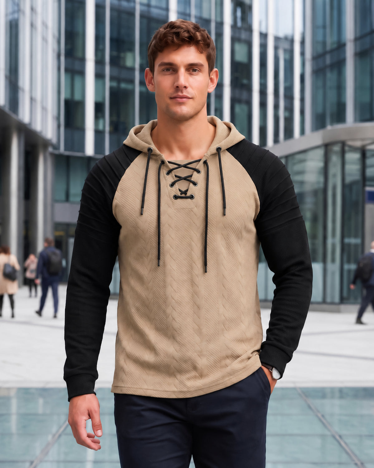 KZZ Men's loose-fit cable pullover hoodie with drawstring