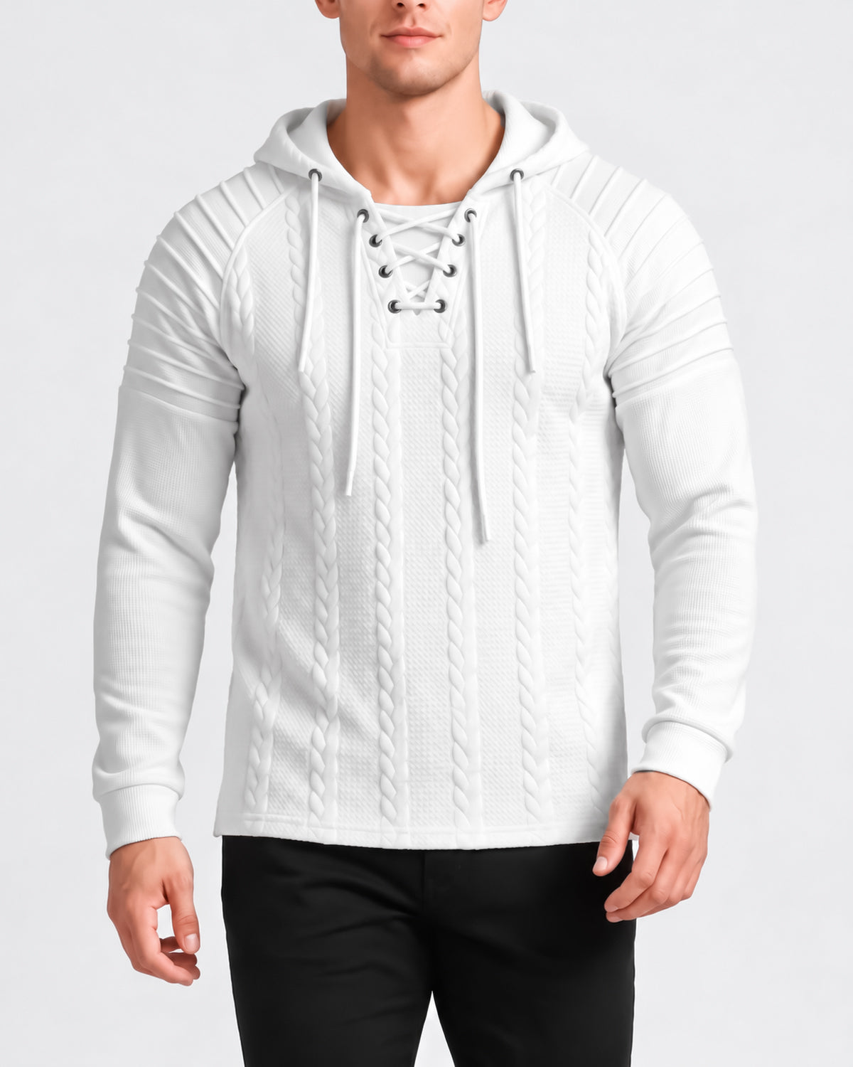 KZZ Men's loose-fit cable pullover hoodie with drawstring