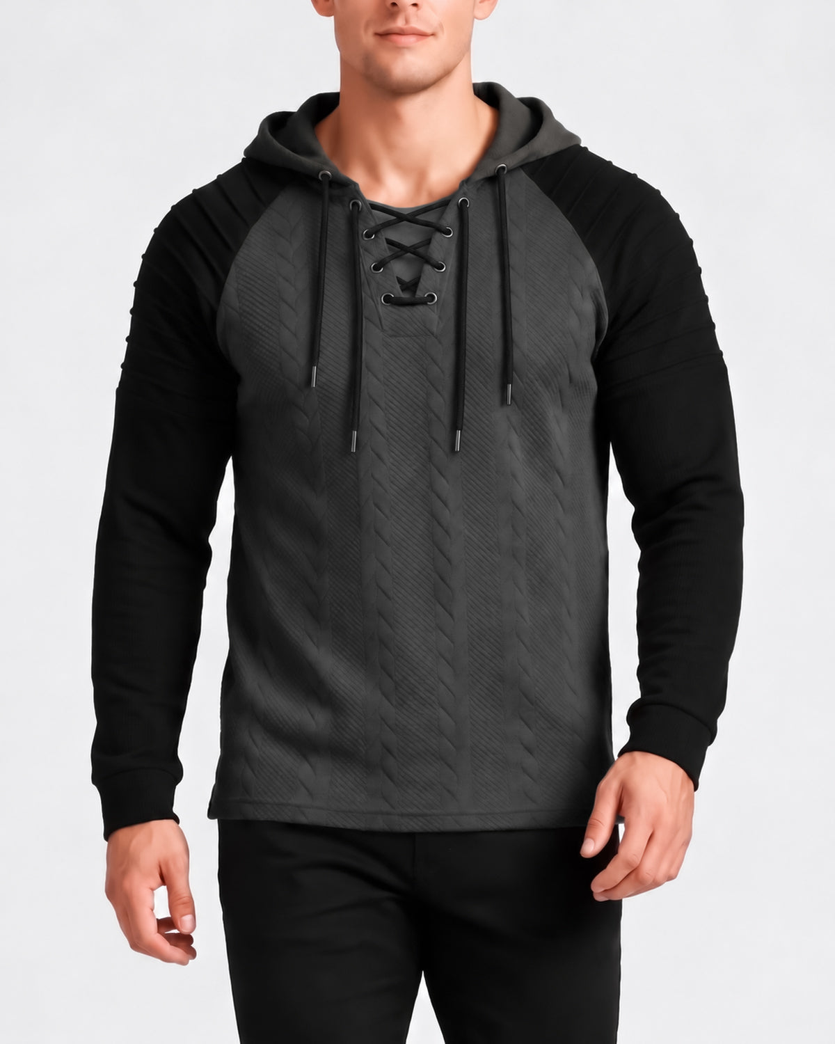 KZZ Men's loose-fit cable pullover hoodie with drawstring