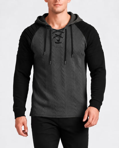 KZZ Men's loose-fit cable pullover hoodie with drawstring