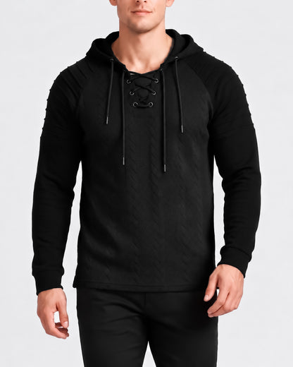 KZZ Men's loose-fit cable pullover hoodie with drawstring