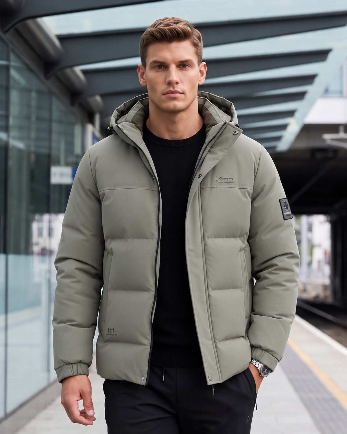 KZZ Men's Casual Solid Color Short Hooded Jacket