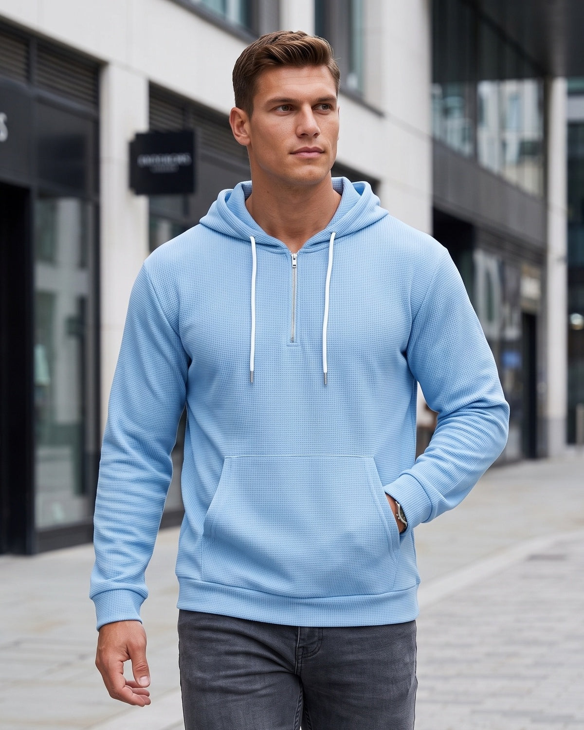 KZZ Men's waffle knit half-zip hoodie
