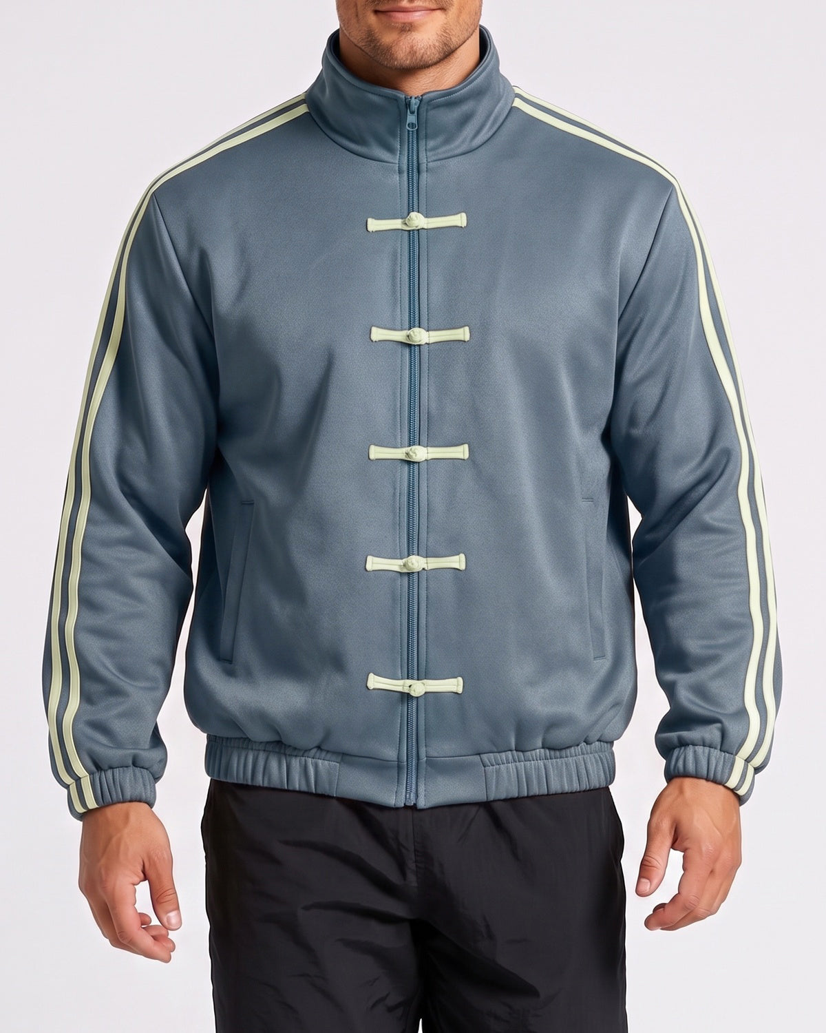 KZZ Retro Chinese Style Frog Button Stand Collar Zipper Jacket