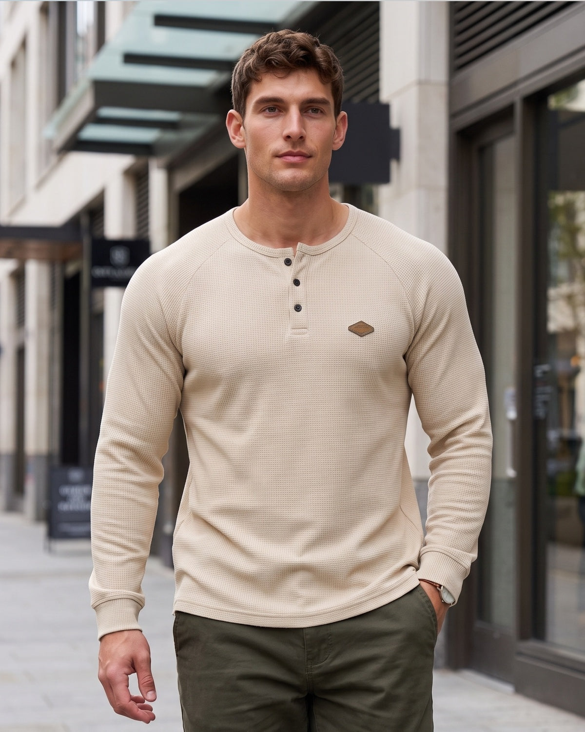 KZZ Men’s Waffle-Knit Henley Long-Sleeve Top