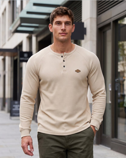 KZZ Men’s Waffle-Knit Henley Long-Sleeve Top